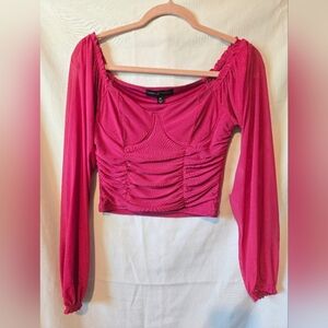 Almost Famous Raspberry Ruched Long Sleeve Crop Blouse Size Medium